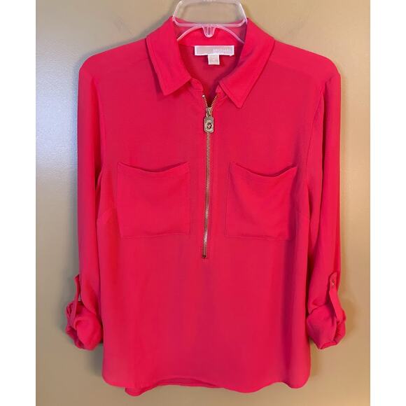 Michael Kors Coral Roll Tab Long Sleeve 1/2 Zip Blouse Size Medium - Picture 4 of 7